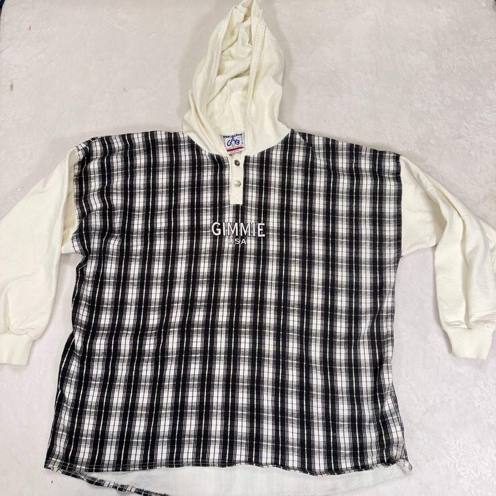 vtg Gimmie USA Flannel Hoodie Mens Large White Black Plaid Henley Oversized Fit